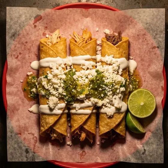 Tacos dorados con crema, queso y salsa verde