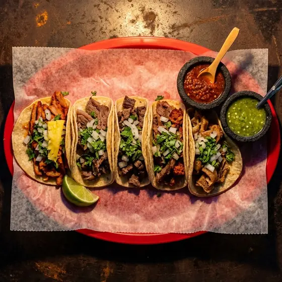 Cinco tacos surtidos con salsa roja y verde