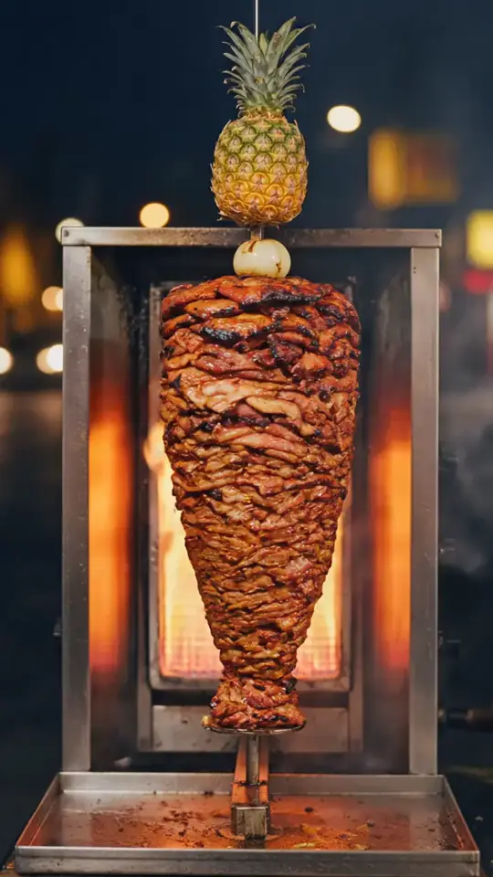 Trompo de pastor con su piña, frente al fuego del puesto, de noche (imagen de referencia hecha con IA)